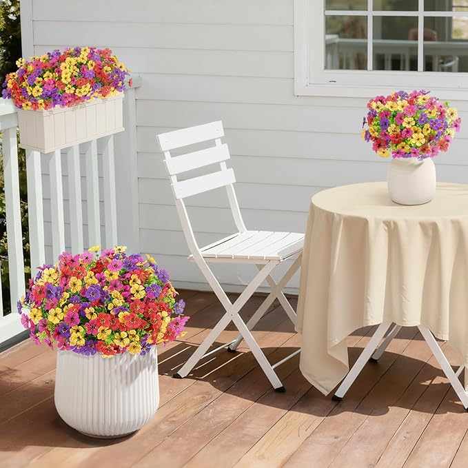 Lifewit Artificial Flowers for Outdoor Indoor, 24 Bundles Plastic Fake Flowers Daisy with Eucalyptus Leaves for Home Garden Decor, Porch, Window Box(Mix for Fuchsia Purple Yellow Red)