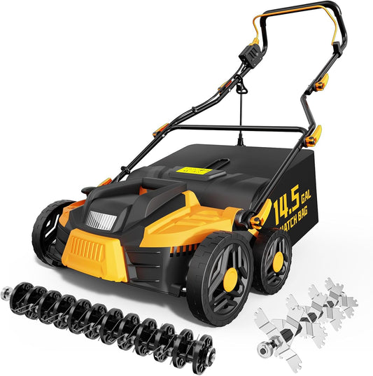 2025 Upgrade 16-Inch 15.5 Amp 2-in-1 Electric Dethatcher and Scarifier with 14.5-Gallon Collection Bag, Lawn Dethatcher with 5-Position Depth Adjustment, Keeps Lawn Healthy - Bold Yellow