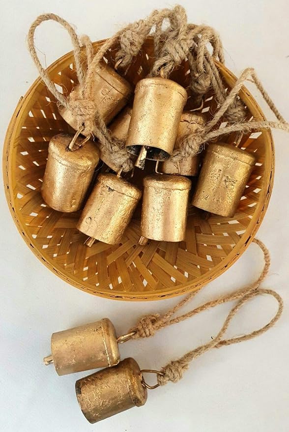 Set of 10 Vintage Rustic Tin Bells Wall Hanging Décor 6cm Big Bells On Jute Rope Christmas Hanging Jingle Bells (Cylinder)