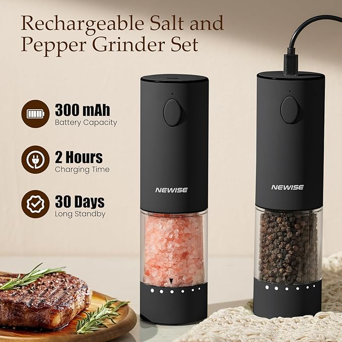 Electric Salt & Pepper Grinder Set, Rechargeable with LED Light & External Coarseness Adjustment, One-Hand Operation, Perfect Kitchen Gift for Home Cooks & Families - Black