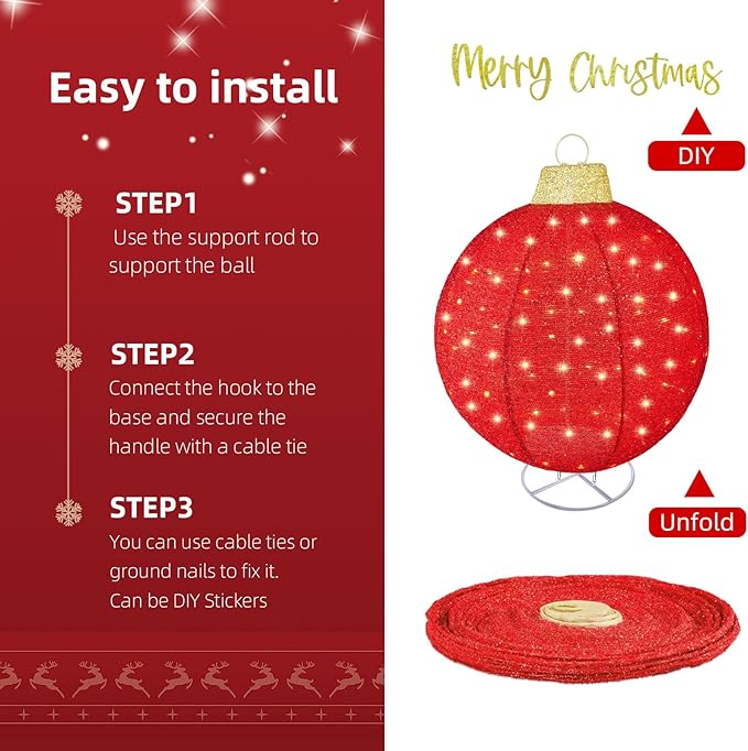 HOYECHI 2pc Lighted Pop-Up Outdoor Christmas Ornament Set – Holiday Ball Decorations with 200 LED Lights, 8 Lighting Modes, for Yard & Outdoor Christmas Decor - Red/Green