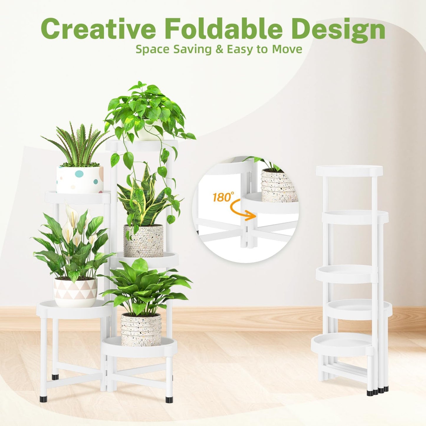 iDavosic.ly 5 Tier Folding Plant Stand Indoor Outdoor with Plastic Tray, Tiered Corner Flower Holder Shelf, Metal Orchid Display Rack for Patio Porch Living Room Garden Balcony, White