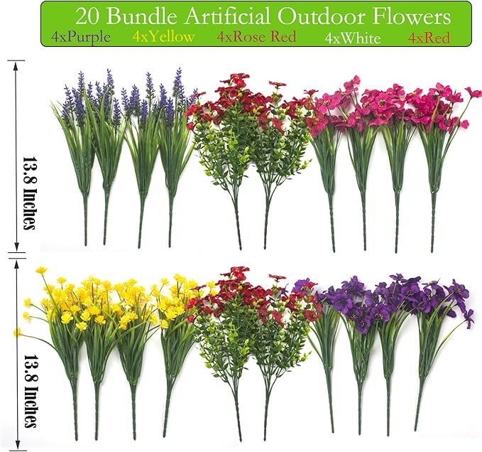 20Pcs UV Resistant Artificial Flowers Outdoor, Realistic Faux Greenery Shrubs with Rust-Proof Stems - Waterproof Fade-Proof Hanging Plants for Garden, Porch, Patio, Cemetery Decor (All-Season Durable)