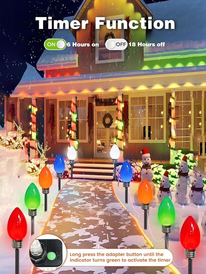 10 Pack Large C9 Christmas Decorations Outdoor, Waterproof C9 Christmas Lights Plug in with 2 Modes and Timer, Pathway Light for Party Indoor Courtyard Patio Lawn Garden Xmas Decoration (Multicolor)