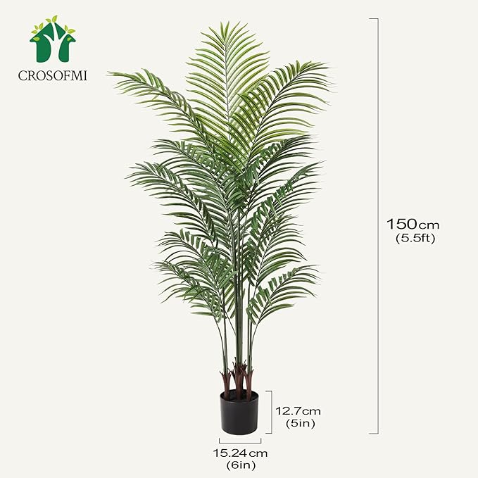 Artificial Palm Tree 5.5Ft Faux Dypsis Lutescens - Tall Fake Plant with Adjustable Branches, No Maintenance, Tropical Tree for Indoor Decor - Ideal for Living Room, Office, Bedroom, Commercial Spaces