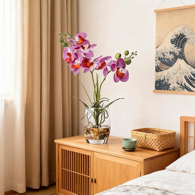 Jusdreen Artificial Purple Orchid in Glass Vase, Realistic Phalaenopsis Arrangement with Potting for Home Office Table Decor, 14.5 Inch Flower Centerpiece