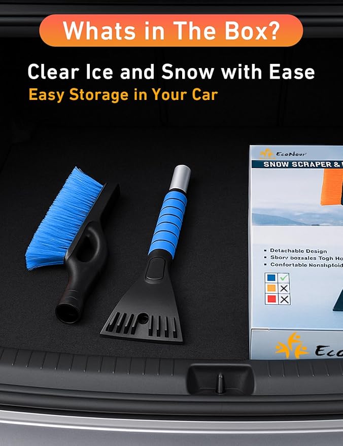 EcoNour 27" Aluminum Snow Brush with Ice Scrapers for Car Windshield and Window | Car Snow Scraper and Brush with Ergonomic Foam Grip Winter Accessories (Blue)