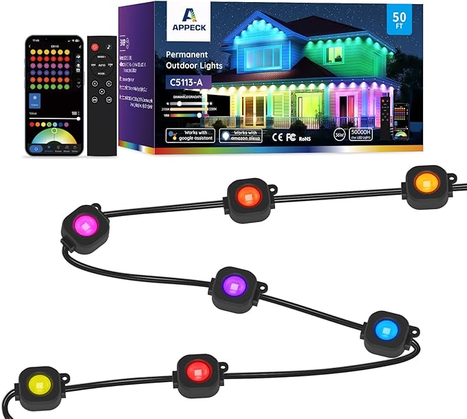 Permanent Outdoor Lights 50ft,RGBW Eaves Light with 36 LED Lights,111+ Scenes Modes Outdoor Lighting, Waterproof Permanent Light for Daily Holiday Halloween Decorations, Compatible with Alexa,Black