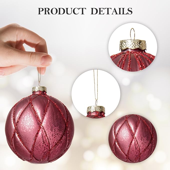 DN DECONATION 4PCS Christmas Ball Ornaments – 4” Burgundy Glass Hanging Ball Ornaments Set for Christmas Tree with Shimmering Silver Lines, Winter Home Decor Xmas Party Decorations Wedding
