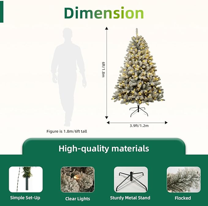 6ft Pre-Lit Snow Flocked Christmas Tree with 300 White Lights, 840 Full PVC Branch Tips,Mixed Green & White, Hinged Quick-Assembly Design, Lush Artificial Xmas Tree for Holiday Home Décor