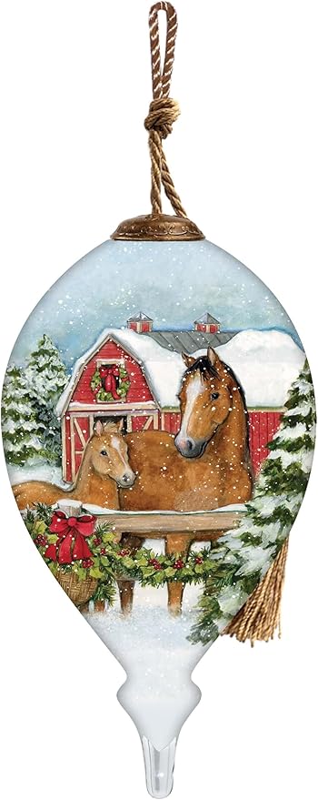 Horse Christmas Ornament – Hand-Painted Glass Horse Ornament for Christmas Tree – Holiday Horse Decorations with Mare and Foal – Farmhouse Barn Scene Ornament