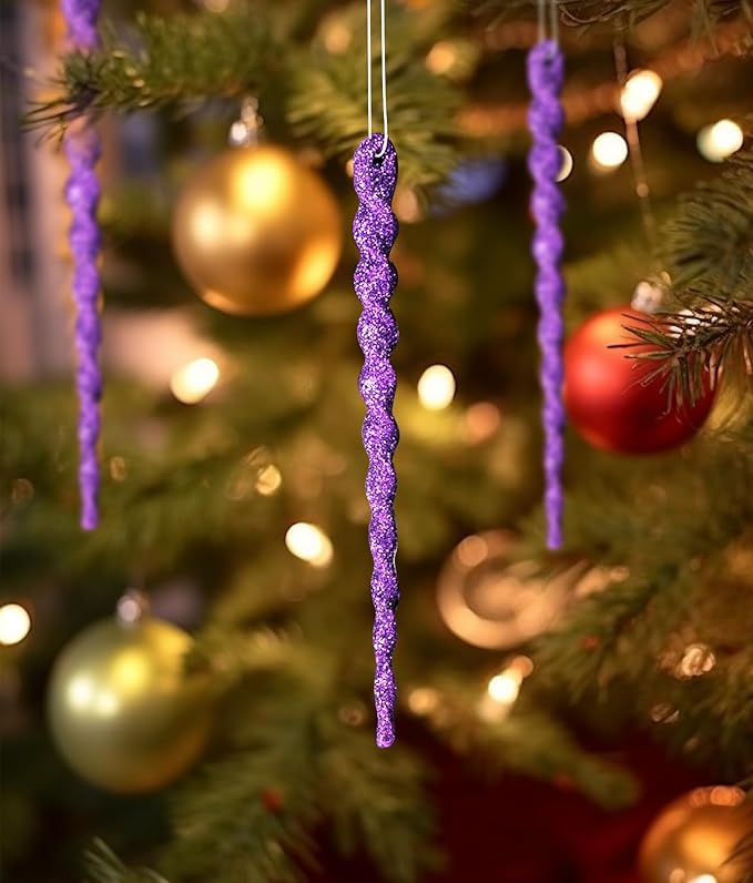 AMS Sparkling Glitter Plastic Icicle Ornaments 30 PCS Twisted Icicles Decoration Christmas Tree and Holiday Xmas Party Hanging (5.1'', Purple)