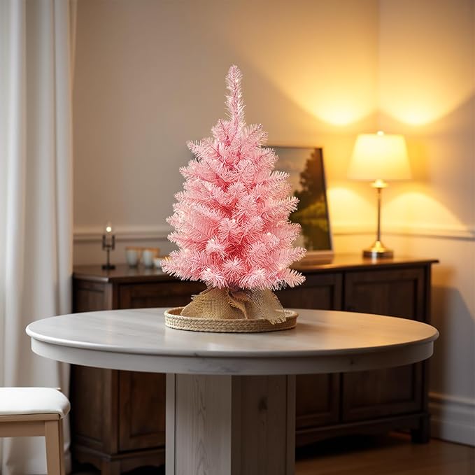 Small Christmas Tree with Lights,2ft Pre Lit Artificial Mini Xmas Tree for Tabletop,Outdoor,Bedroom,Office Decorations,Includes 50 Led Warm Lights,73 PVC Branch Tips,Pink（Battery Operated）
