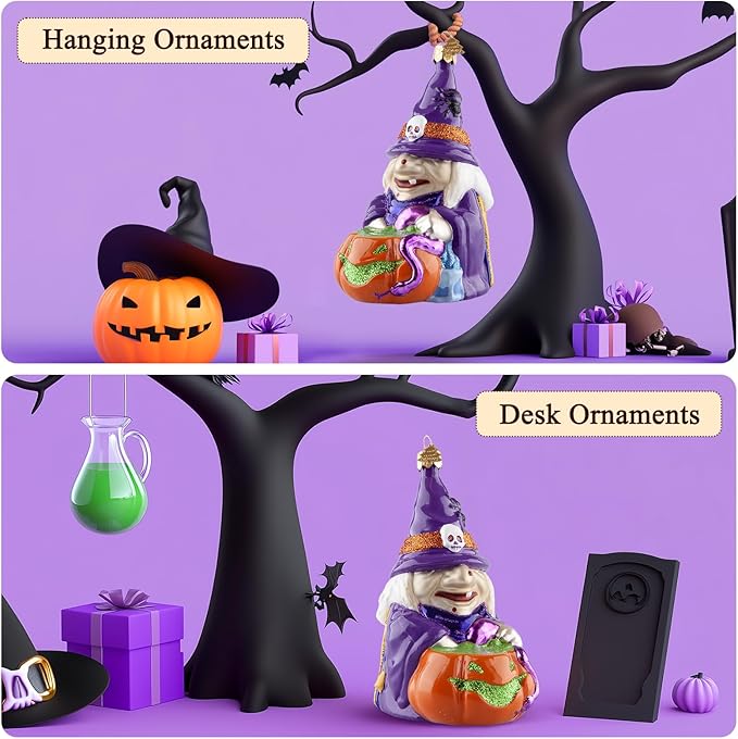 Halloween Ornaments,Purple Evil Witch Hanging Ornaments,Halloween Tree Decorations,Glass Blown Christmas Ornaments for Party Xmas Tree Holiday Home Decorations Gifts