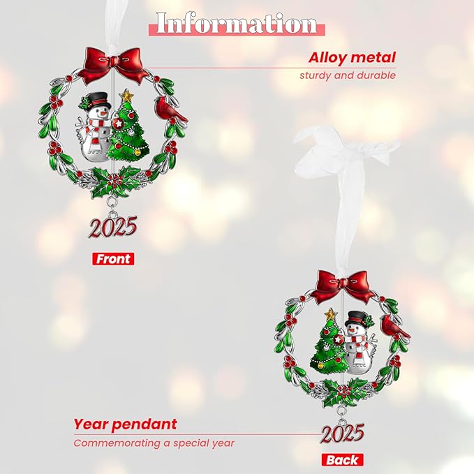 2025 Snowman Christmas Tree Ornament Metal Silver Hanging Rotatable Design Charm Holiday Decorative Pendant Gift Keepsake (Bow)
