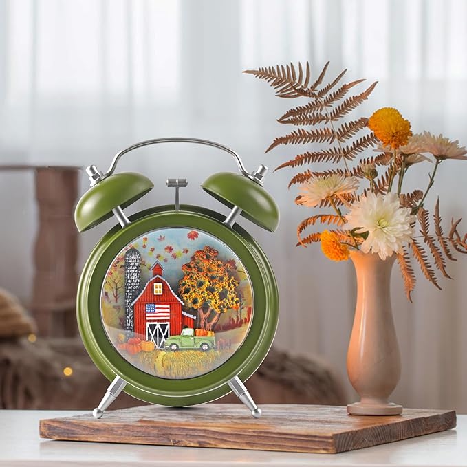 Alarm Clock Fall Snow Globe, Lighted Snow Globe Lantern 6H Timer Thanksgiving Snow Globe Thanksgiving Decorations Fall Decor (Green)