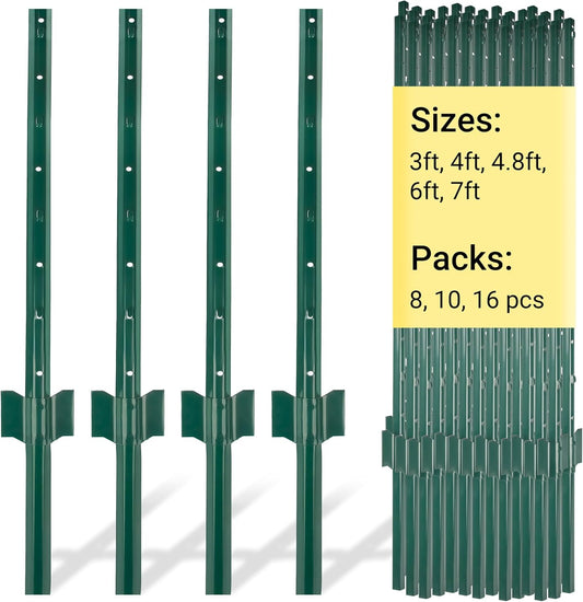 Fence Posts 4 Ft - 8 Pack, Heavy Duty Metal Fence Post, No Dig U Post for Farm, Garden, Orchard and Outdoor Wire Fencing (Green)