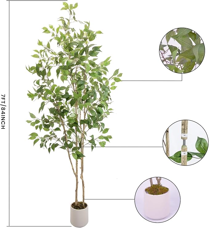 Artificial Fake Ficus Tree 7FT Tall 1Pack with White Planter & Free Moss, Artificial Plants Indoor, Artificial Trees for Home Decor Indoor, Faux Ficus Tree