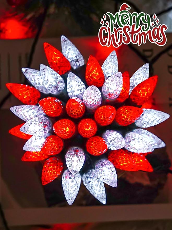 2 Pack C6 Christmas Lights Outdoor Indoor, Total 200 LED 66 FT Connectable Christmas String Lights with Timer & 13 Modes, Waterproof Twinkle Light for Xmas Tree Party Yards Decorations (Red and White)