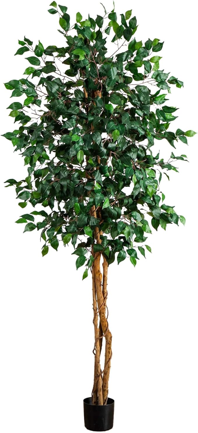 Nearly Natural 74in Triple Trunk Artificial Ficus Tree with Natural Wood Trunks, Fake Tree for Indoor Home Décor, Faux Ficus Tree with Black Nursery Pot