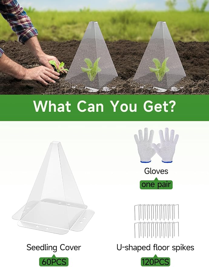 20 Pack Garden Cloches for Plants - Clear Reusable Plastic Seedling Covers with 40 Metal Stakes - Mini Greenhouse Plant Bell Covers for Frost, Sun, Pests Protection(7.8" x 11")