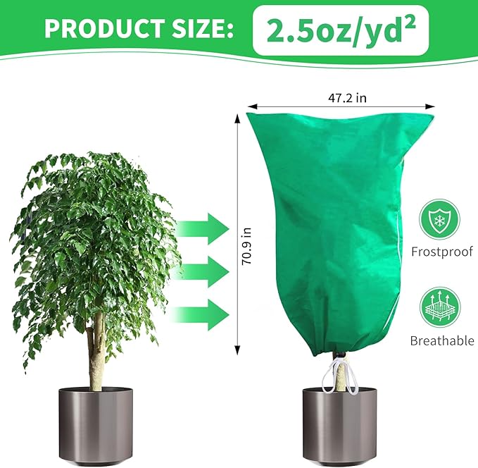 2 Pack Plant Covers Freeze Protection, 47''W x 78''H 2.5oz/yd² Winter Tree Frost Blankets Frost Cloths Protectors Bag Cover with Zipper Drawstring for Outdoor Plants Shrub Fruit Trees Potted