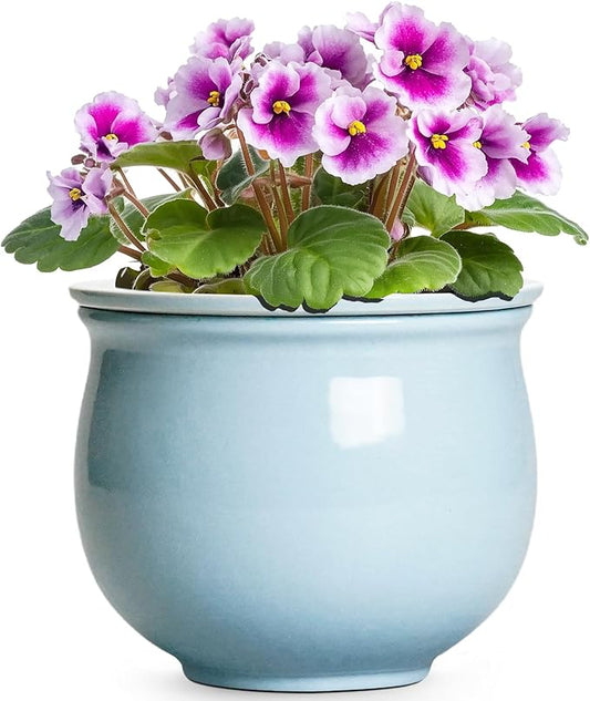 Ceramic African Violet Pots for Indoor Plants, 6 Inch Self Watering Planters with Absorbent Inner Pot, Self Watering Plant Pot, Ceramic Flower Pots, Desk Decor, Housewarming Gifts, Light Blue