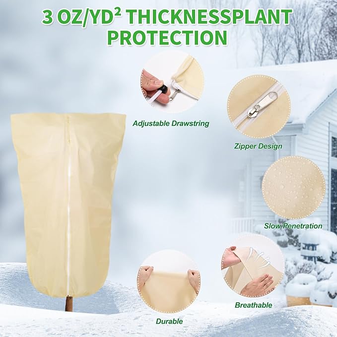 2 Pack 32"x24" Winter Plant Cover Freeze Protection Frost Cloth Blankets, 3 oz/yd² Frost Covers with Zipper Drawstring, Frost Protection Tree Cover for Outdoor Plant Cold Weather Protector