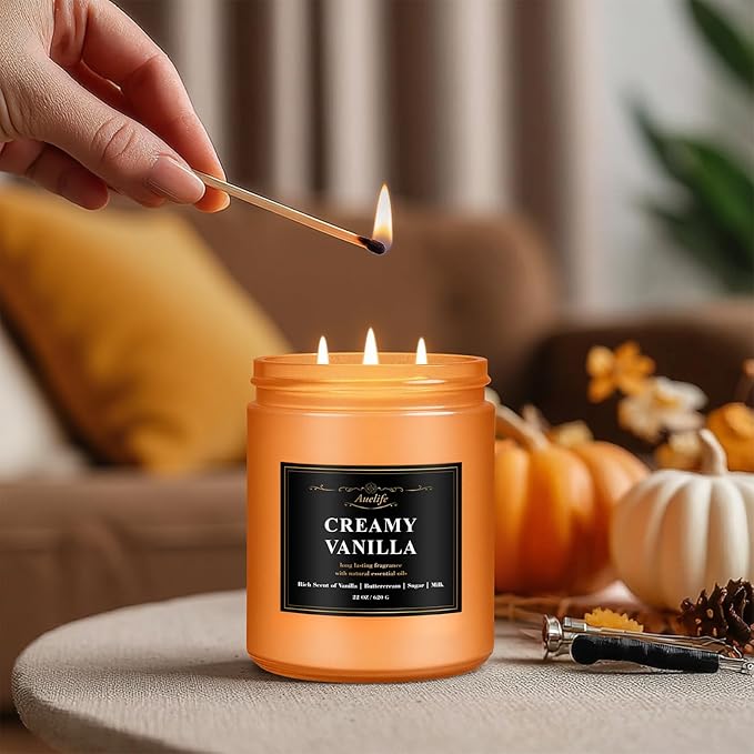 Auelife Spiced Vanilla Apple Scented Candle – 22oz Large 3-Wick Soy Candle, Cozy Fall & Autumn Candles for Home, Holiday Gift for Women & Men