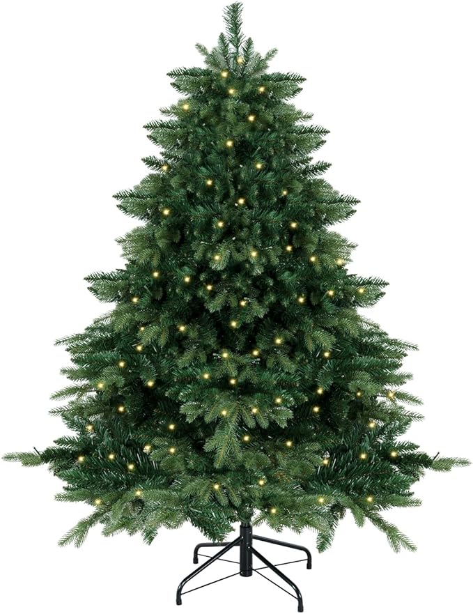 Naomi Home 4.5ft Rustic Christmas Tree with Lights, Realistic Classic Christmas Tree Prelit with 1117 Branch Tips, 300 Warm Lights and Metal Stand, Aritificial Xmas Tree