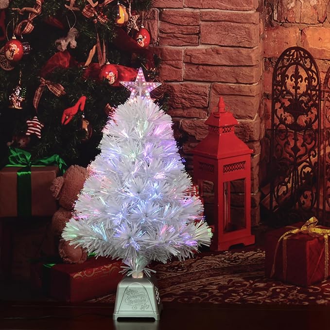 24inch White Fiber Optic Christmas Tree,Pre-Lit Artificial Mini Christmas Tree, Tabletop Small Xmas Tree with Stars Holiday Home Decorations