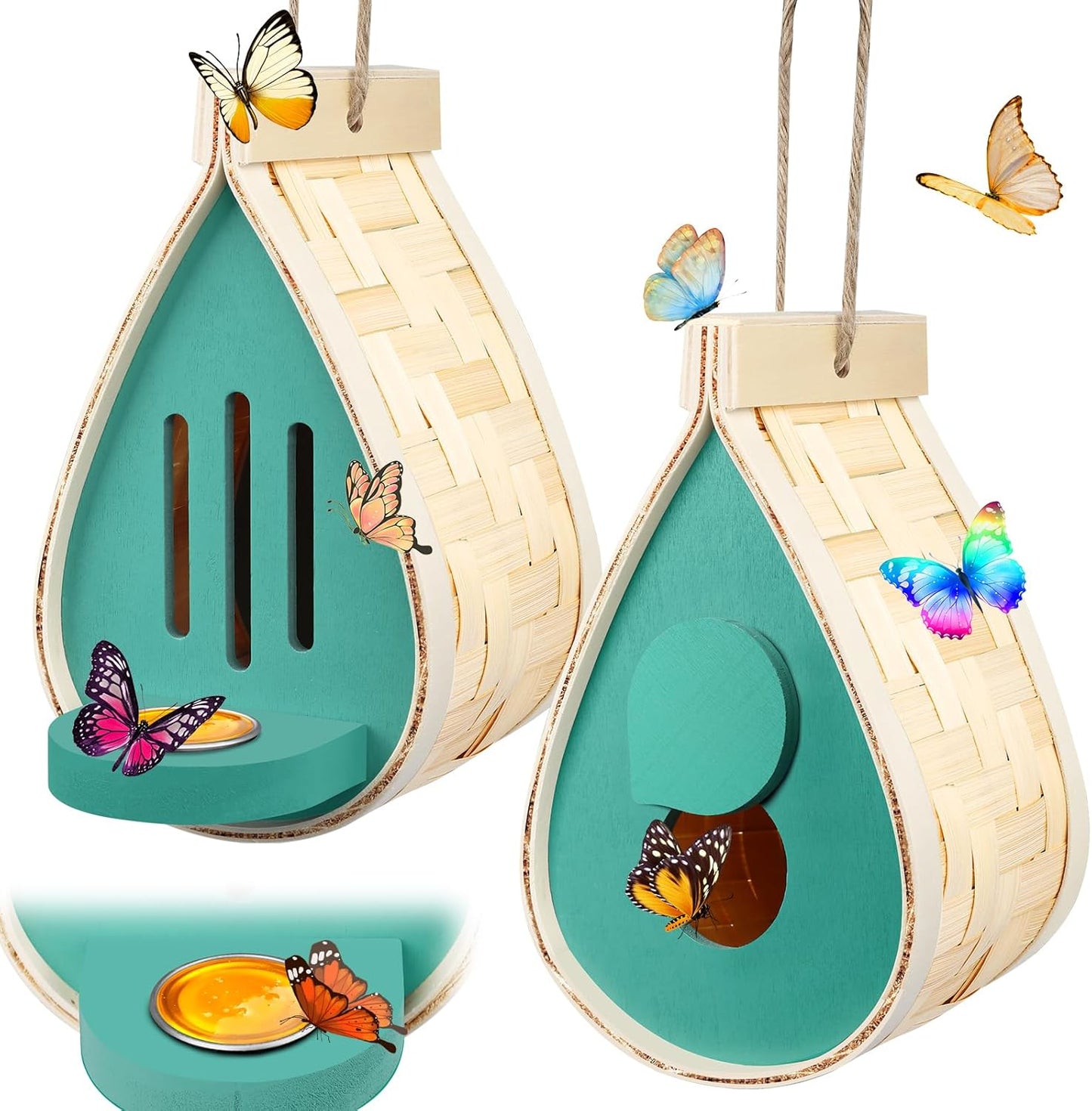 2 Pcs Butterfly House and Feeder, Wooden Hanging Butterfly House for Garden, Natural Butterfly Habitat with Butterfly Puddler for Bugs, Butterflies, Moths, Lacewings