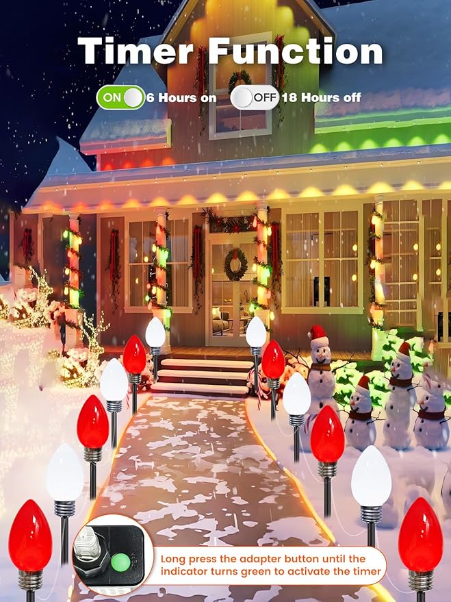 12 Pack Large C9 Christmas Decorations Outdoor, Waterproof C9 Christmas Lights Plug in with 2 Modes and Timer, Pathway Light for Party Indoor Yard Patio Walkway Garden Xmas Decoration (Red and White)