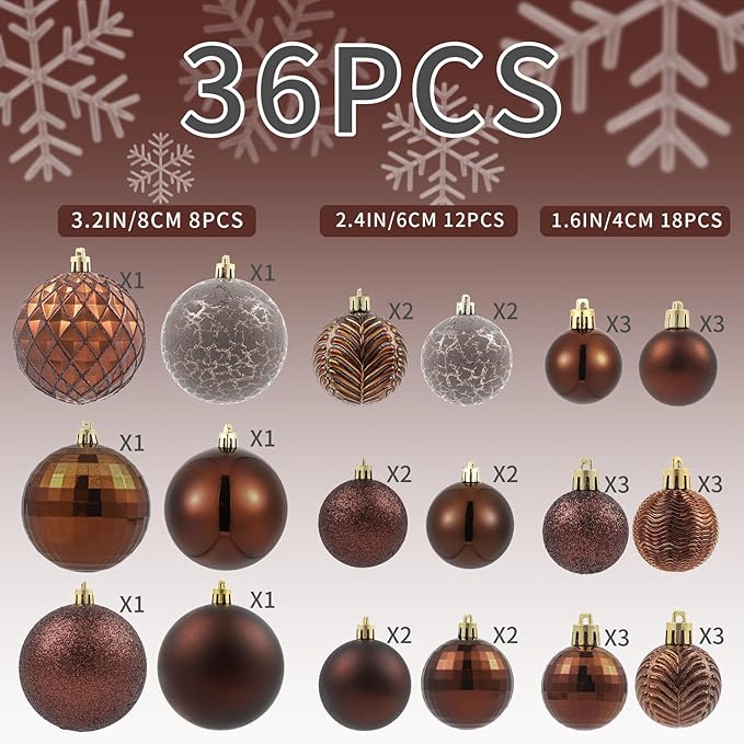 LANGXUN 36pcs Brown Christmas Tree Decorations Balls, Bolas De Navidad, 2025 Christmas Decor, Indoor Outdoor Shatterproof Christmas Ornaments, Xmars Party Wedding Suppiles