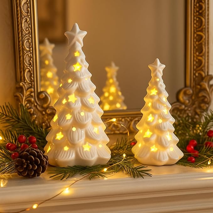 White Ceramic Christmas Trees with Lights, 2Pcs Light Up Table Top Porcelain Christmas Tree, Tabletop Mini Xmas Tree Figurines for Modern Home Decoration
