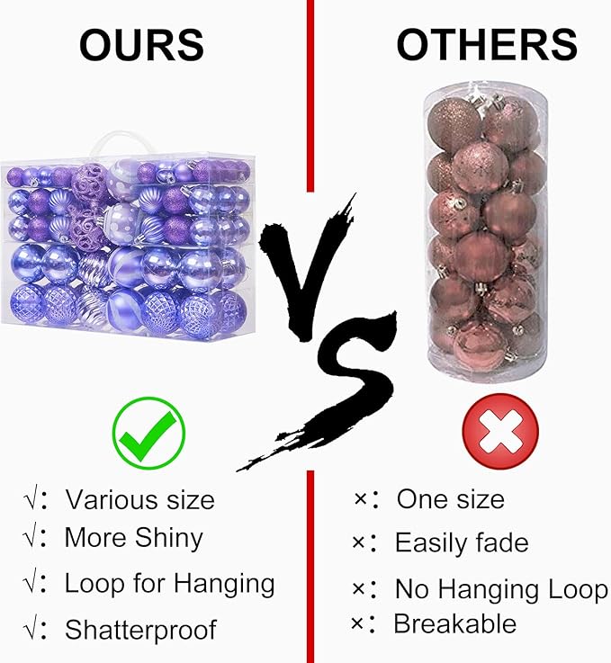 100PCS Christmas Ball Ornaments, Assorted Shatterproof Christmas Tree Decorations, Seasonal Decorative Hanging Baubles Decor Set for Xmas/Holiday/Party, Glitter&Painting Ornament Set (Lavender Purple)