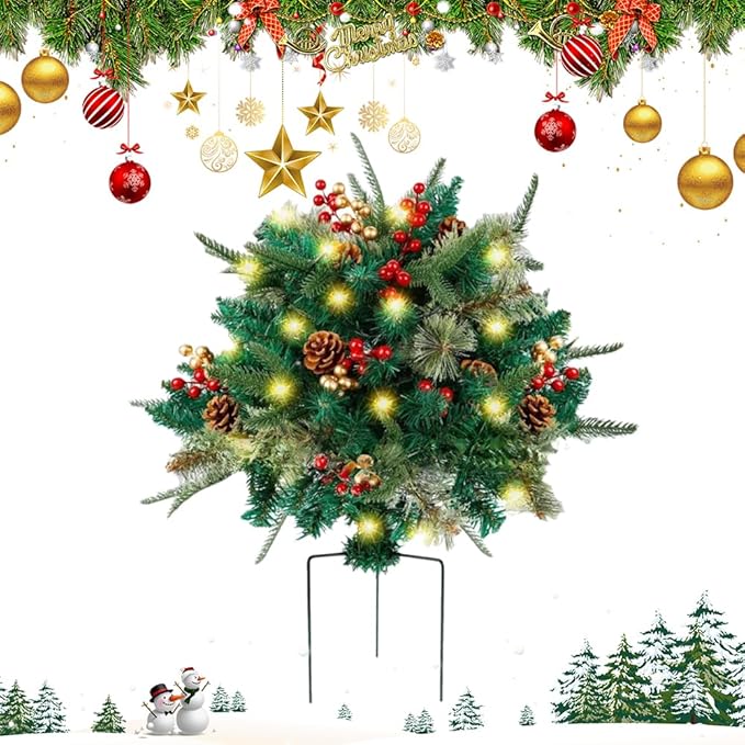 Artificial Christmas Urn Filler with LED Lights, 2026 Upgraded Pre-lit Christmas Tree Planter Filler, Holiday Greenery with Pinecones Berries, Pot Fillers Outdoor Front Porch Xmas Decor (16 in)