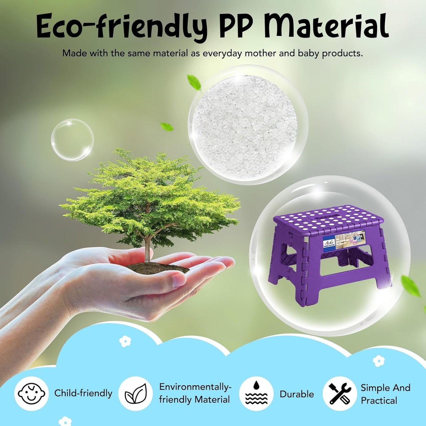 ACKO Folding Step Stool 9 Inch 300 lb Capacity, Plastic Foldable Step Stools for Kids and Adults, Folding Stools Suitable for Kitchen, Stepping Stool with Handle Purple 1PC