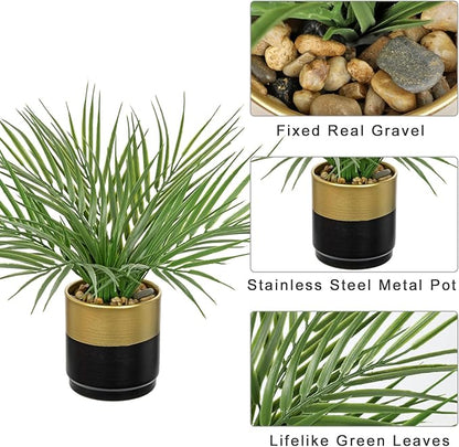 Hollyone Large Artificial Potted Plants Fake Palm Plants 13" Faux Tropical Palm Plant Tree in Gold and Black Metal Pots for Home Room Office House Indoor Decoration