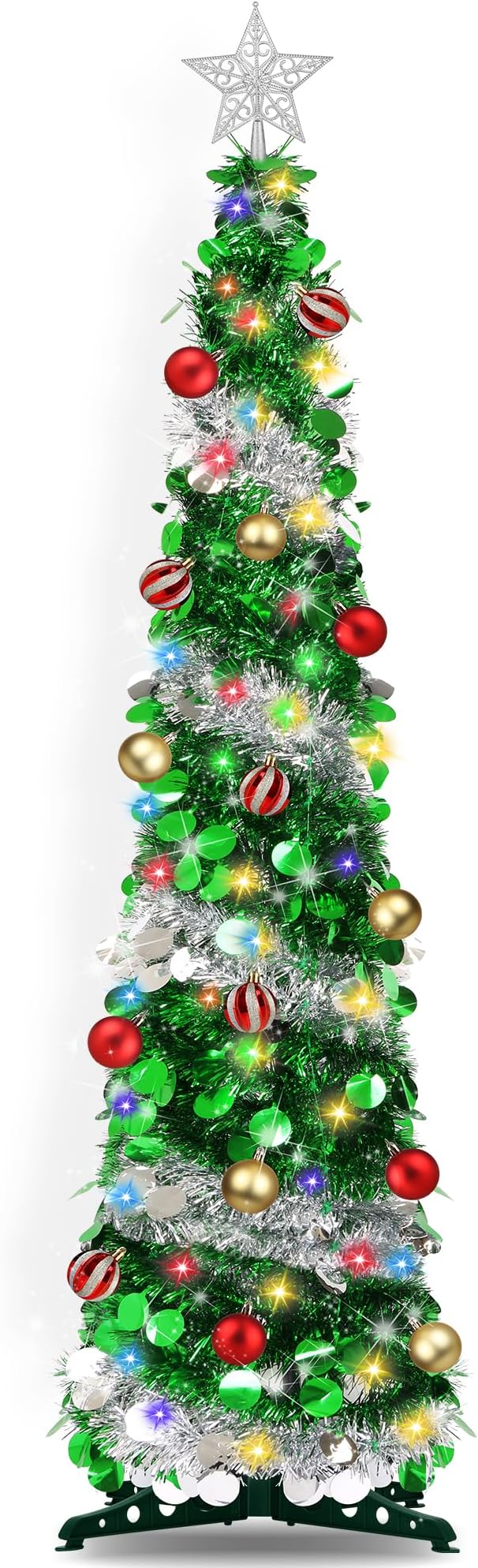 5FT Pop Up Christmas Tree with Timer 60 Warm White & Multi Color Fairy Light 3D Star 15 Ball Ornament, Green Sliver Tinsel Christmas Tree Slim Pencil Xmas Tree Home Office Holiday Decor Indoor Outdoor