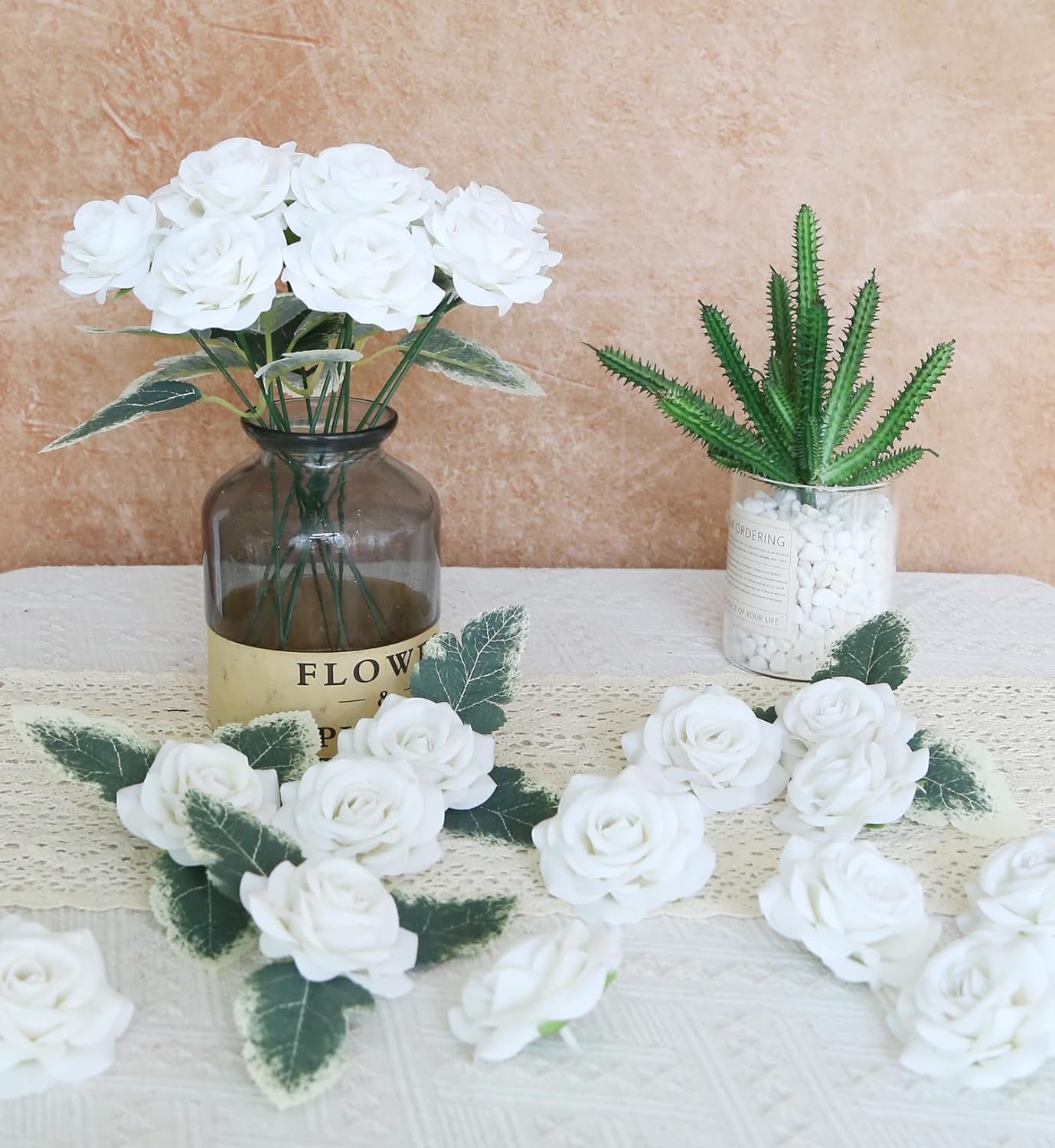 White Roses Artificial Flowers 25pcs Velvet Silk Rose Flowers Heads Fake Rose Flower Head with Stem for DIY Wedding Home Party Baby Shower Decor(White)