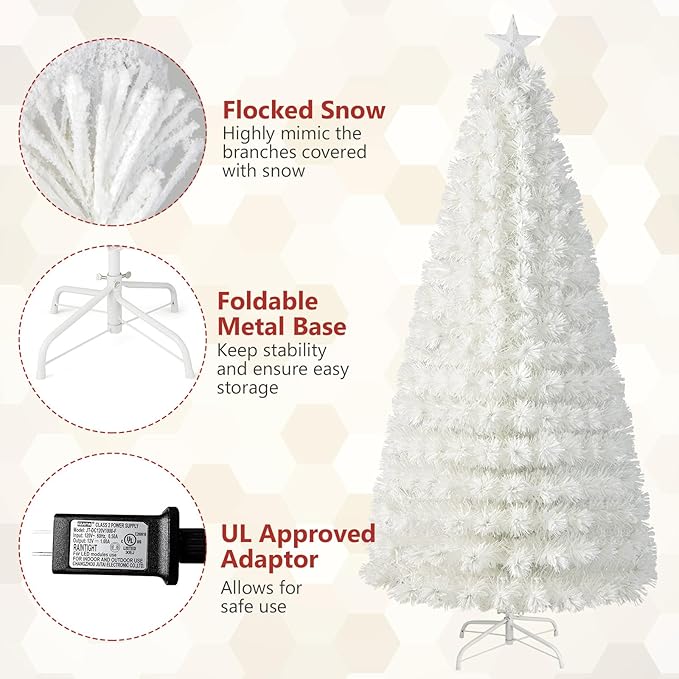 HAPPYGRILL 7FT Pre-lit Fiber Optic Christmas Tree, White Snow-Flocked Artificial Xmas Tree with 270 Branch Tips, 270 Multi-Color LED Lights, Top Star, Fake Holiday Tree for Party Office Home