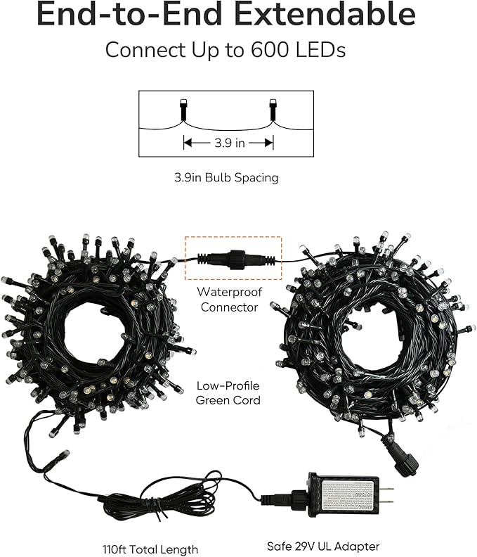 ULG Christmas Tree Lights, 300 LED 110FT Waterproof Christmas String Lights with 8 Modes for Indoor/Outdoor Xmas Tree Decor, Bubble LED Warm White, Adapter Included