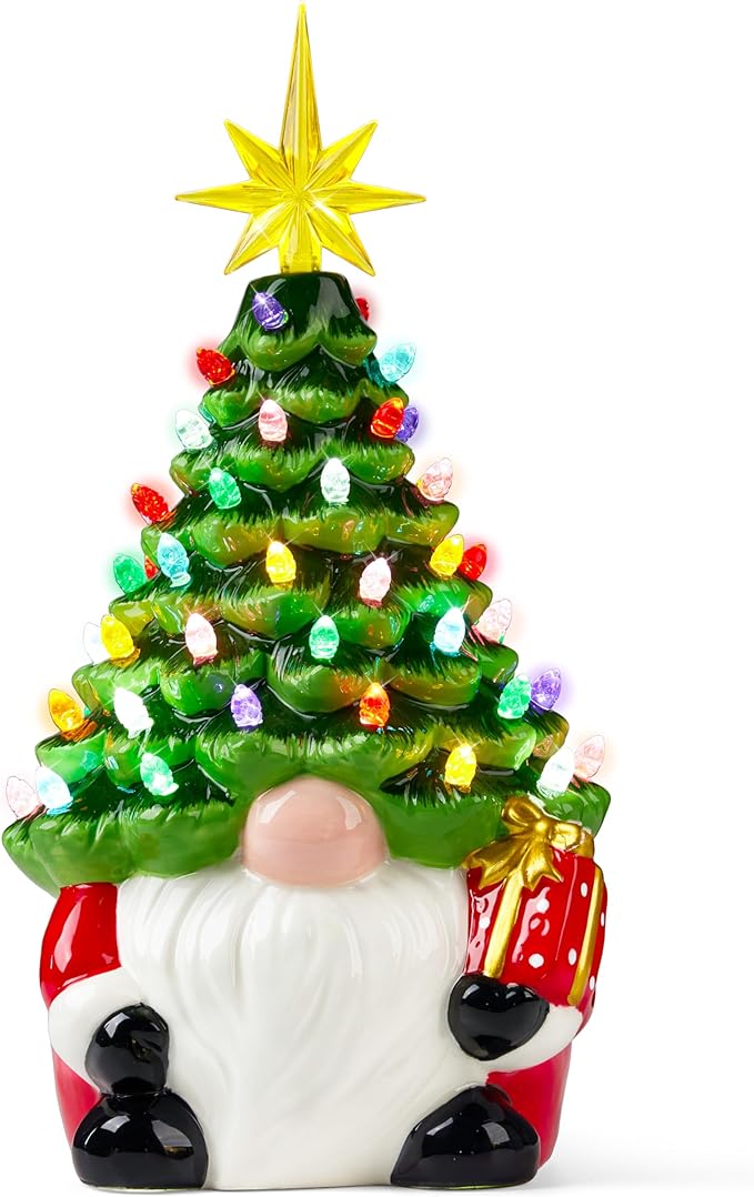 JOIEDOMI 12” Gnome Ceramic Tree, Light up Tabletop Xmas Decor with 60 LED Lights, Ceramic Tree with Christmas Themed Design, Xmas Holiday Indoor Office Table Fireplace Decoration