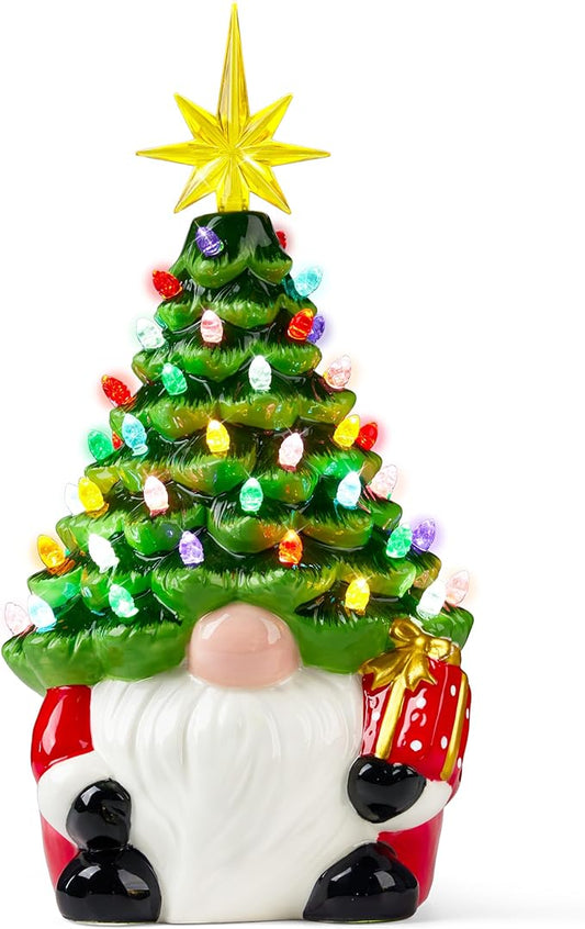 JOIEDOMI 12” Gnome Ceramic Tree, Light up Tabletop Xmas Decor with 60 LED Lights, Ceramic Tree with Christmas Themed Design, Xmas Holiday Indoor Office Table Fireplace Decoration