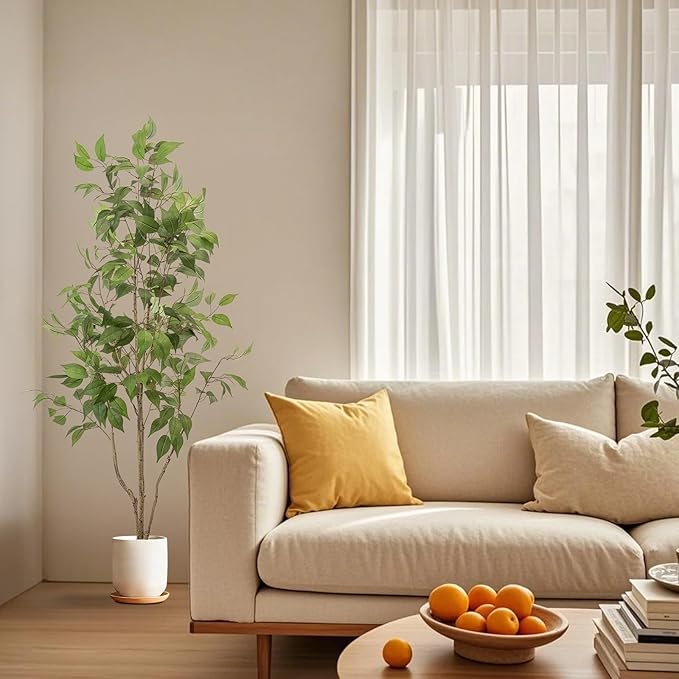 Artificial Fake Ficus Tree 5FT Tall 1Pack with White Planter & Free Moss, Artificial Plants Indoor, Artificial Trees for Home Decor Indoor, Faux Ficus Tree