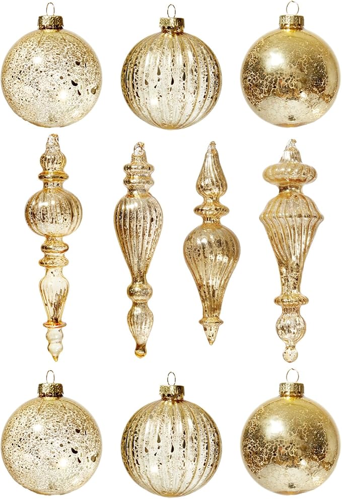 DN DECONATION Mercury Glass Christmas Ornaments, Vintage Teardrop & Ball Ornament, Decorative Hanging Finials Decor for Xmas Tree, Winter Wedding, Party, Holiday Home (10-Pieces, Champagne Gold)