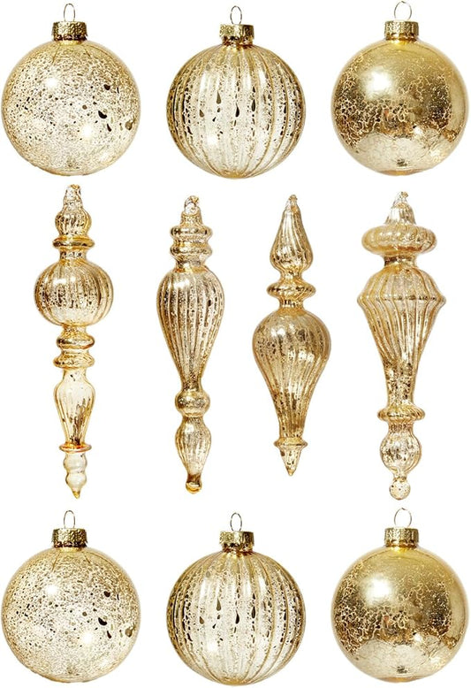 DN DECONATION Mercury Glass Christmas Ornaments, Vintage Teardrop & Ball Ornament, Decorative Hanging Finials Decor for Xmas Tree, Winter Wedding, Party, Holiday Home (10-Pieces, Champagne Gold)