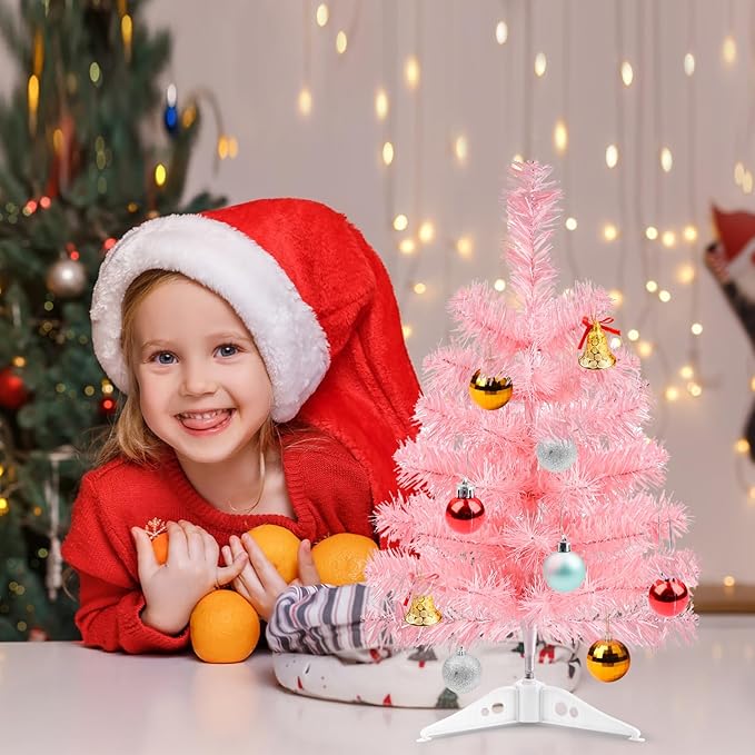 17.7Inch Artificial Christmas Tree Pink Tabletop Christmas Tree with Plastic Stand Mini Xmas Pine Tree for Indoor Outdoor Holiday Home Decoration