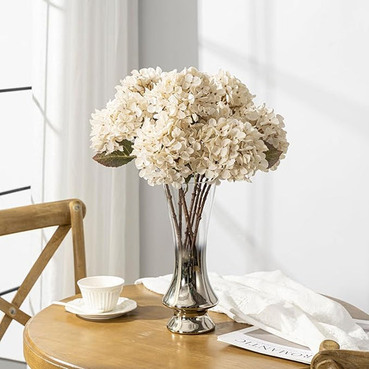 Artificial Flower Fake Silk Hydrangea Heads Bouquet with Stems Bulk for Fall Decoration Table Center Christmas Indoor Outdoor Faux Floral Realistic with Leaves Plants Crafts 8PCS(White)